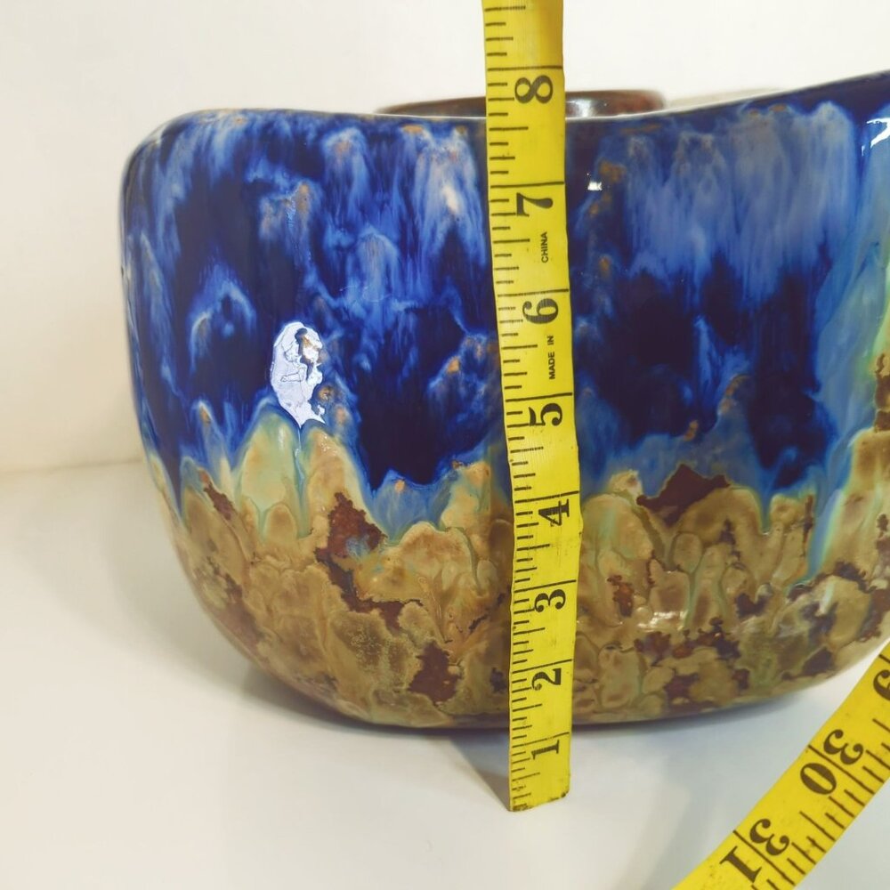 Japanese Studio Pottery Jardinière Square Planter With Abstract Glaze Blue Brown - Picture 9 of 12